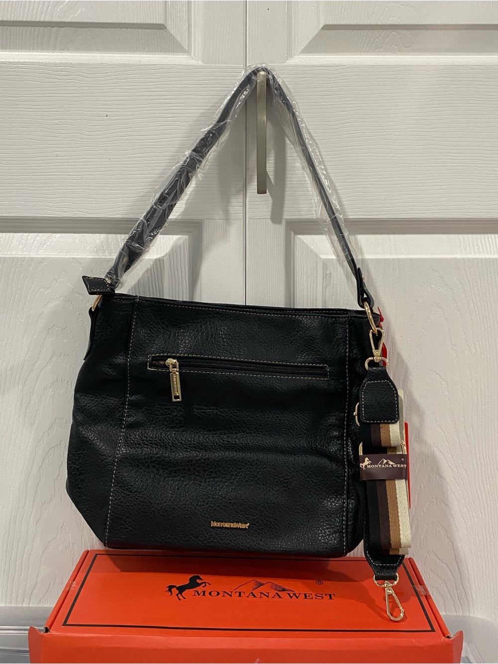 Montana West Black Shoulder Bag with Striped Removable Strap
